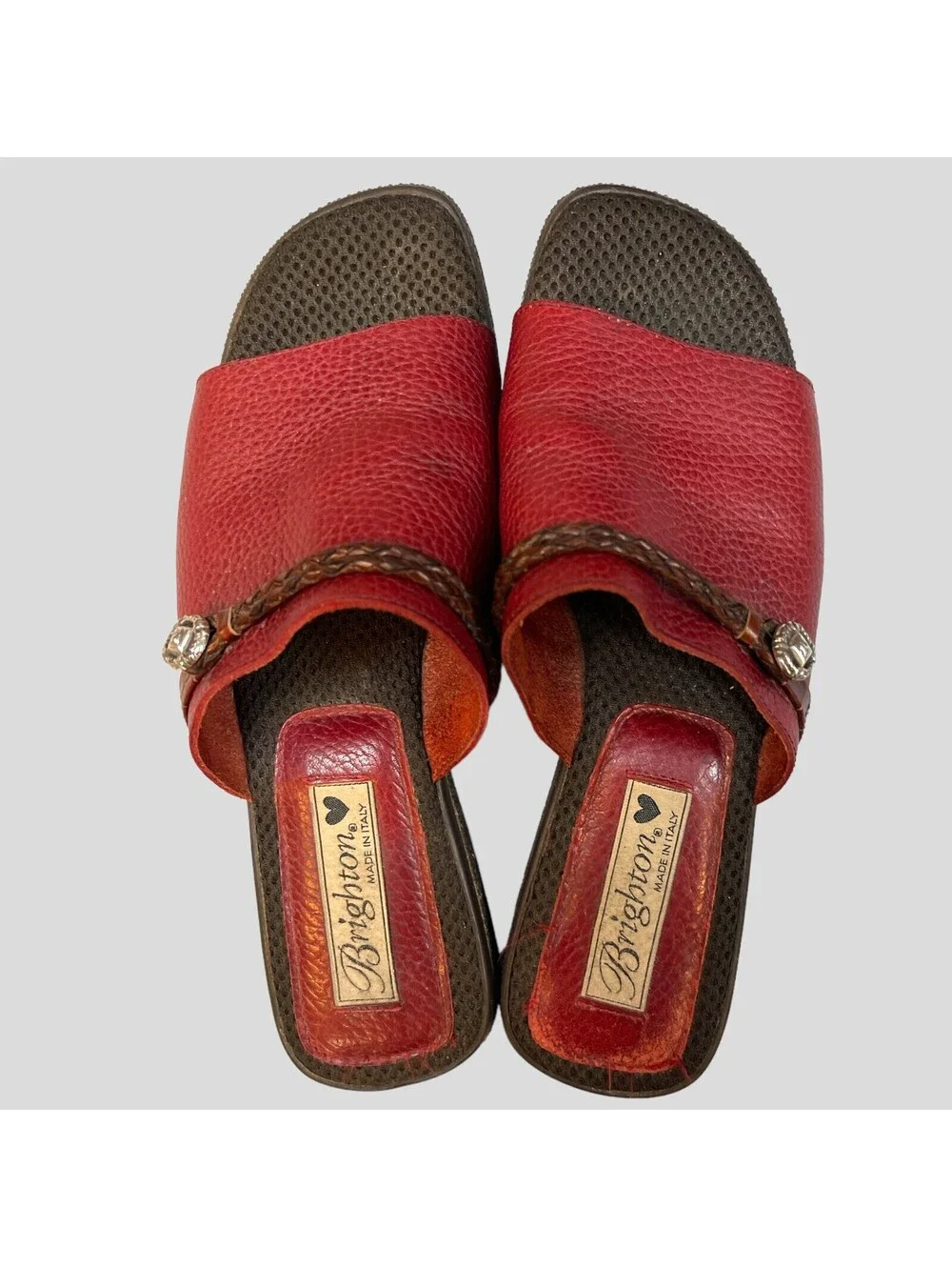 Brighton Size 7 Sandals Red Leather Slip On Open Toe Slide Low Heel Shoes Italy